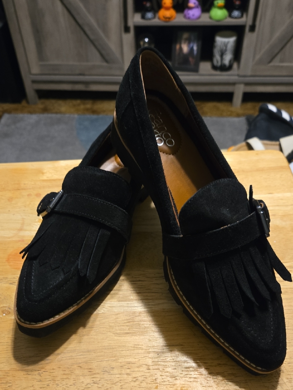 Franco Sarto Black Suede Fringe Loafers with Buckle